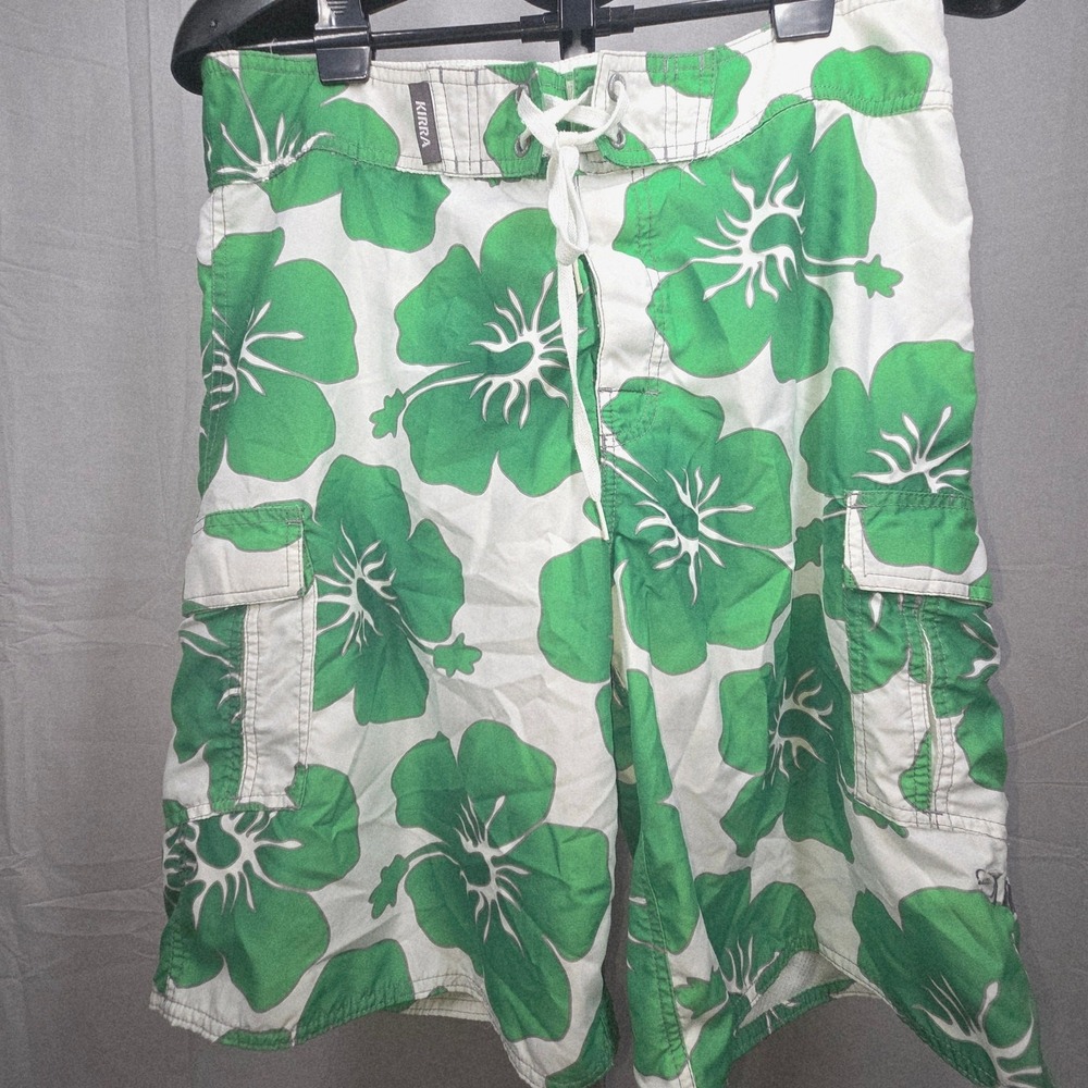 Kirra Mens Board Shorts Size 33 Green Floral Surf Swim Trunks Cargo Pocket